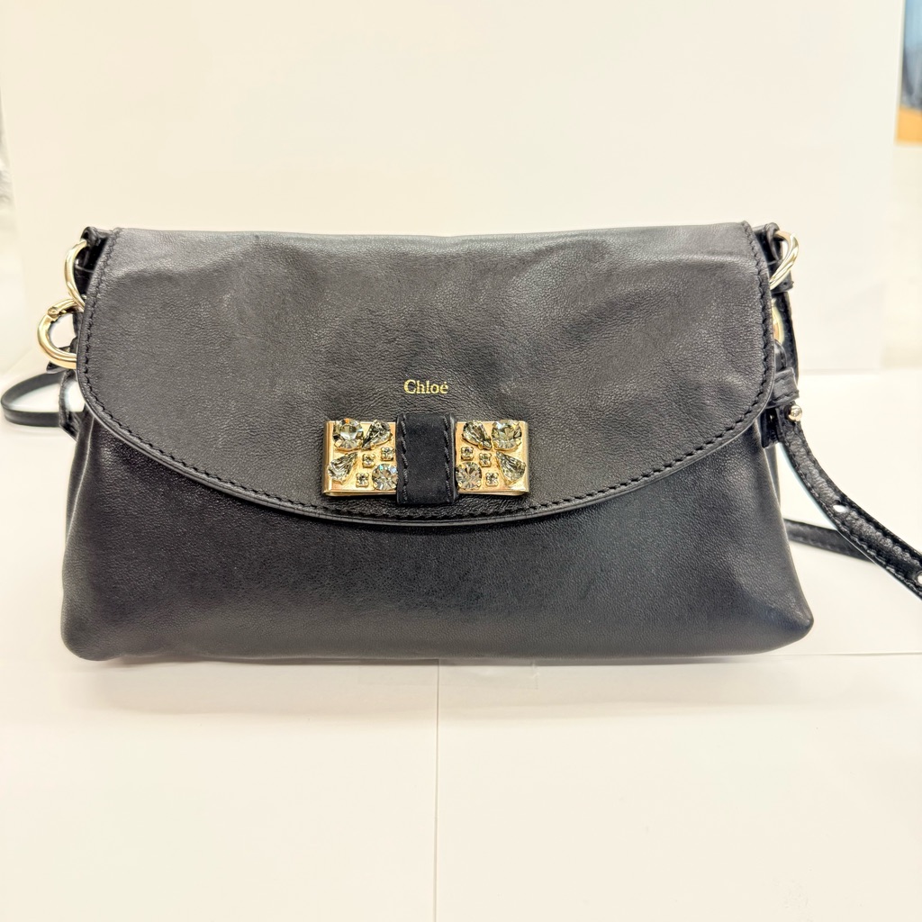 Chloe Authentic Lily Line Black Leather Shoulder Bag With A Rhinestone Bow.